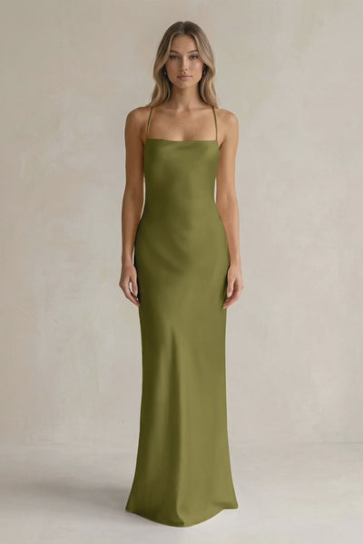 Moss Green Sheath Satin Spaghetti Strap Bridesmaid Dress | KISSBRIDAL