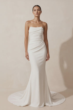 Crepe Strapless Ruched Mermaid Wedding Dress in Ivory - KISS BRIDAL Wedding Dresses