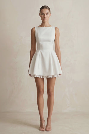 Straight Neck Satin Ruffled Mini Wedding Dress in White - KISS BRIDAL Wedding Dresses