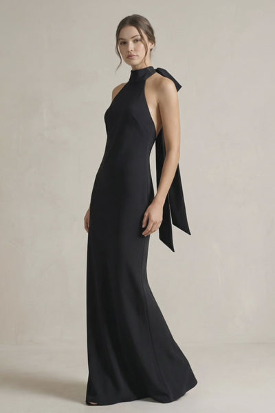 Halter Sheath Satin Bridesmaid Dress With Bow in Black - KISS BRIDAL Bridesmaid Dresses