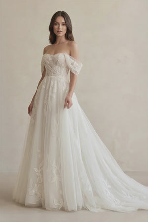 Off The Shoulder A Line Tulle Wedding Dress With Appliques in Ivory - KISS BRIDAL Wedding Dresses