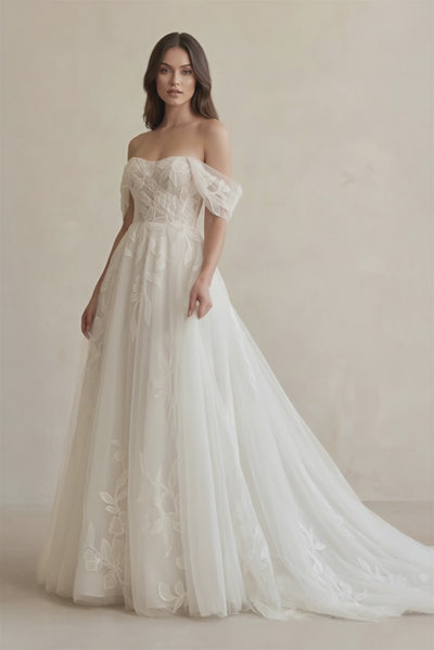 Off The Shoulder A Line Tulle Wedding Dress With Appliques in Ivory - KISS BRIDAL Wedding Dresses