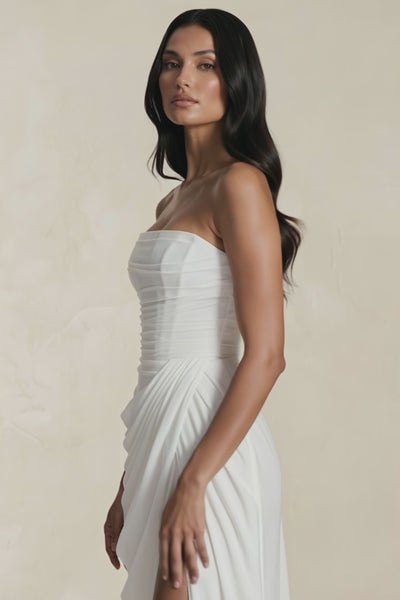 Strapless Pleated Sheath Long Prom Dress With Slit in Ivory - KISS BRIDAL Prom Dresses