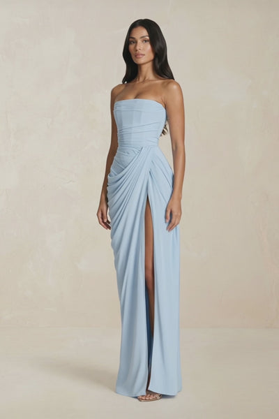 Strapless Pleated Sheath Long Prom Dress With Slit in Sky Blue - KISS BRIDAL Prom Dresses