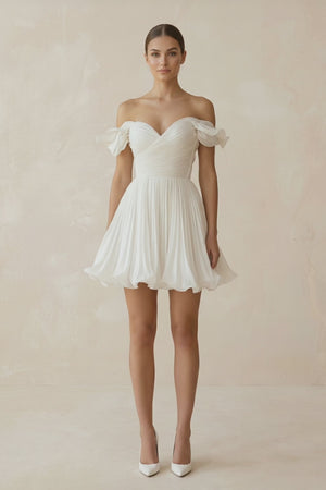 Pleated Ruffled Off - the - Shoulder A - Line Mini Wedding Dress in White - KISS BRIDAL Wedding Dresses