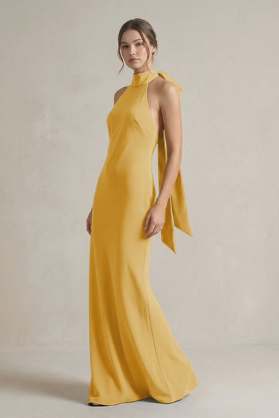 Gold Halter Sheath Satin Bridesmaid Dress With Bow | KISSBRIDAL