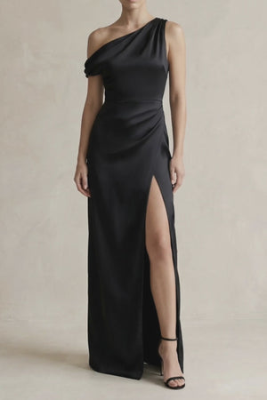 One - Shoulder Satin Sheath Bridesmaid Dress With Slit in Black - SHE IS ME Bridesmaid Dresses