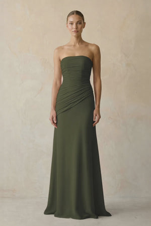 Olive Sheath Chiffon Strapless Pleated Bridesmaid Dress | KISSBRIDAL