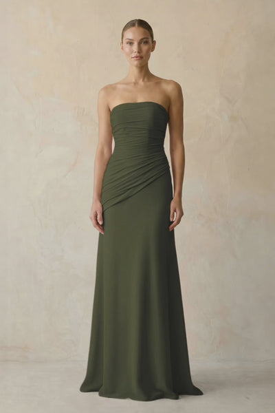 Olive Sheath Chiffon Strapless Pleated Bridesmaid Dress | KISSBRIDAL