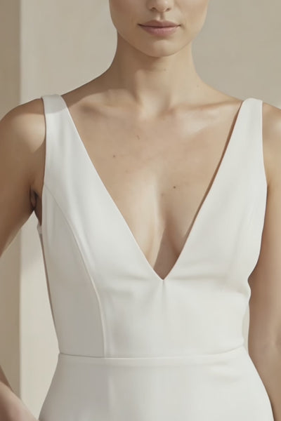 V - Neck Sleeveless Plunging Satin Wedding Dress in White - KISS BRIDAL Wedding Dresses