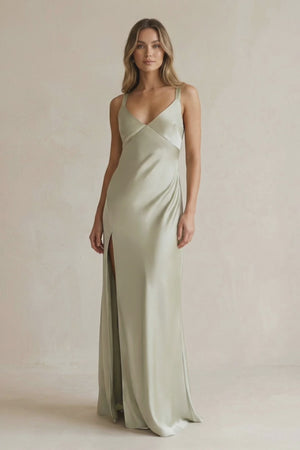 Frost V-Neck Sheath Satin Bridesmaid Dress With Slit | KISSBRIDAL
