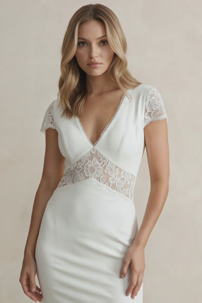 V Neck Mermaid Short Sleeves Satin Wedding Dress in White - KISS BRIDAL Wedding Dresses