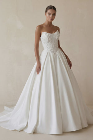 3D Floral Strapless Corset Satin Wedding Gown in White - KISS BRIDAL Wedding Dresses