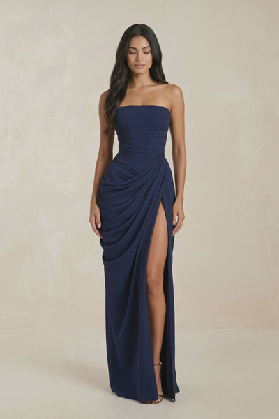 Strapless Pleated Sheath Long Prom Dress With Slit in Navy - KISS BRIDAL Prom Dresses