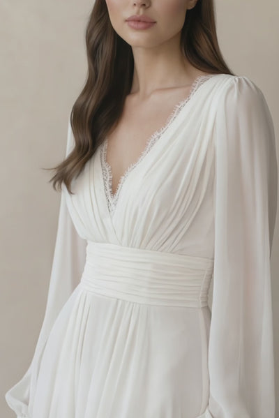 Long Sleeves Chiffon Wedding Dress With Slit in White - KISS BRIDAL Wedding Dresses