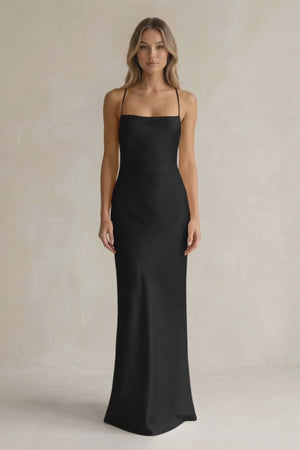 Black Sheath Satin Spaghetti Strap Bridesmaid Dress in Black | KISSBRIDAL