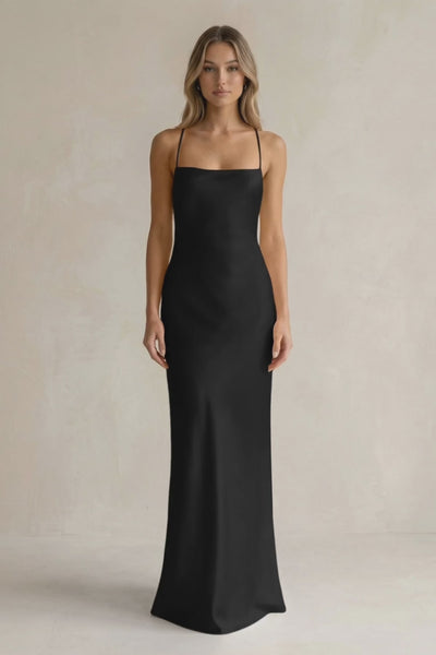 Black Sheath Satin Spaghetti Strap Bridesmaid Dress in Black | KISSBRIDAL
