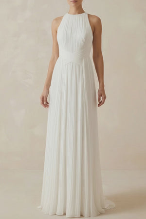 Pleated Open Back Halter A - Line Wedding Dress - KISS BRIDAL Wedding Dresses