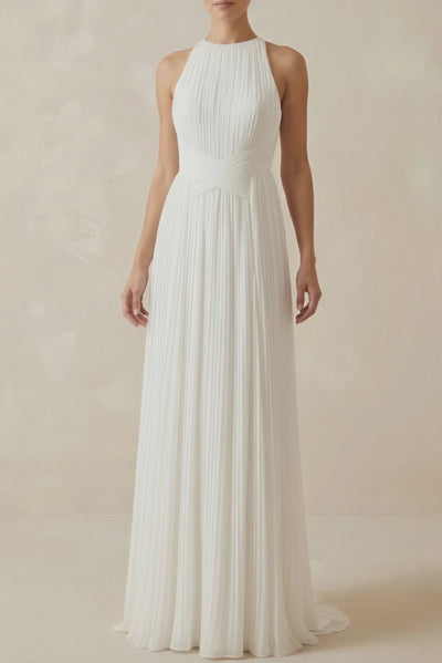 Pleated Open Back Halter A - Line Wedding Dress - KISS BRIDAL Wedding Dresses