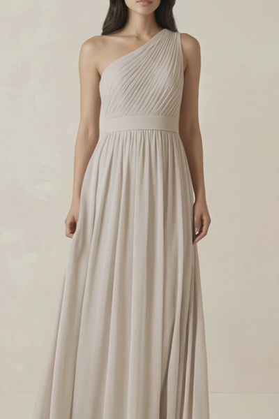 One - Shoulder Pleated Chiffon Bridesmaid Gown in Frost - SHE IS ME Bridesmaid Dresses