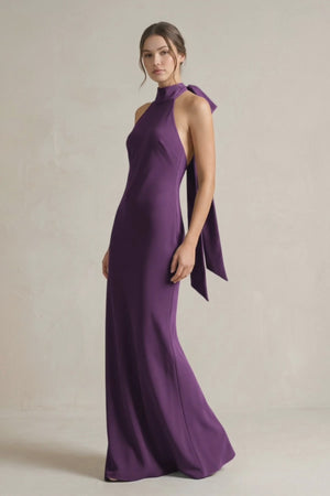 Plum Halter Sheath Satin Bridesmaid Dress With Bow | KISSBRIDAL