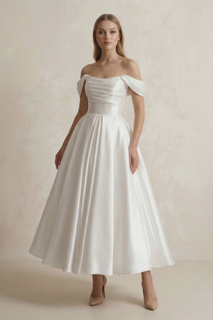 Off - the - Shoulder A - Line Satin Midi Wedding Dress in White - KISS BRIDAL Wedding Dresses