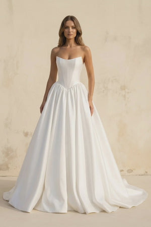 Strapless Satin A Line Wedding Dress in White - KISS BRIDAL Wedding Dresses