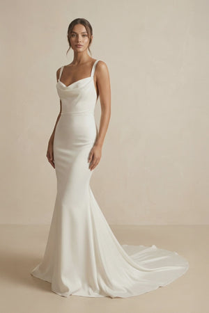 Cowl Neck Mermaid Satin Wedding Dress in Ivory - KISS BRIDAL Wedding Dresses