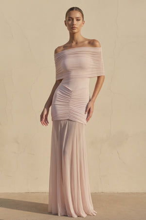 Off The Shoulder Ruched Maxi Dress in Blush