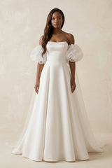 Puff Sleeves Off - the - Shoulder Satin A - Line Wedding Dress in White - KISS BRIDAL Wedding Dresses