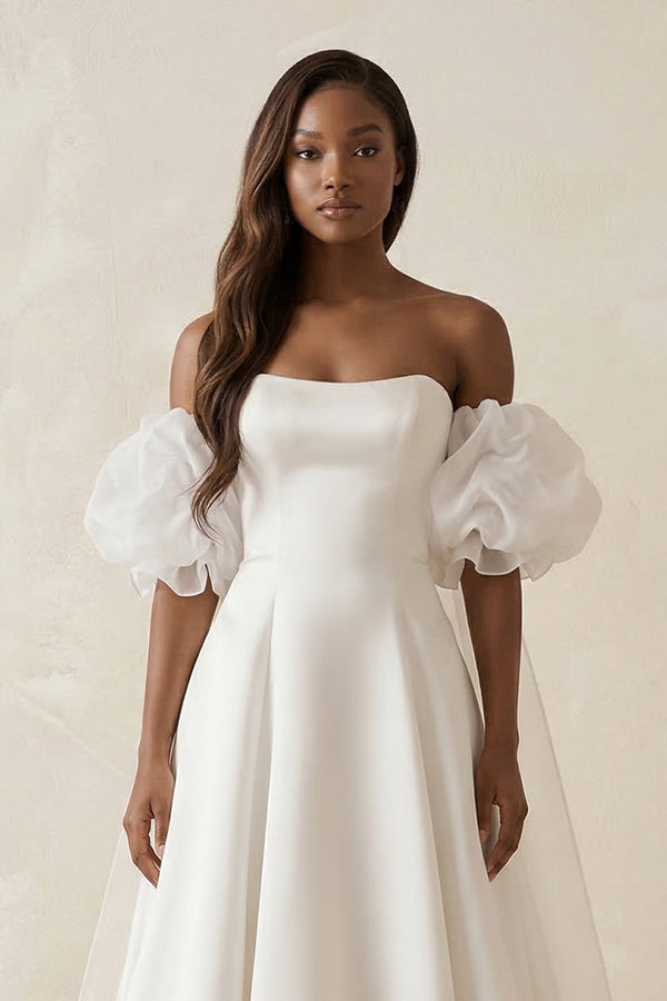 Puff Sleeves Off - the - Shoulder Satin A - Line Wedding Dress in White - SHE IS ME Wedding Dresses