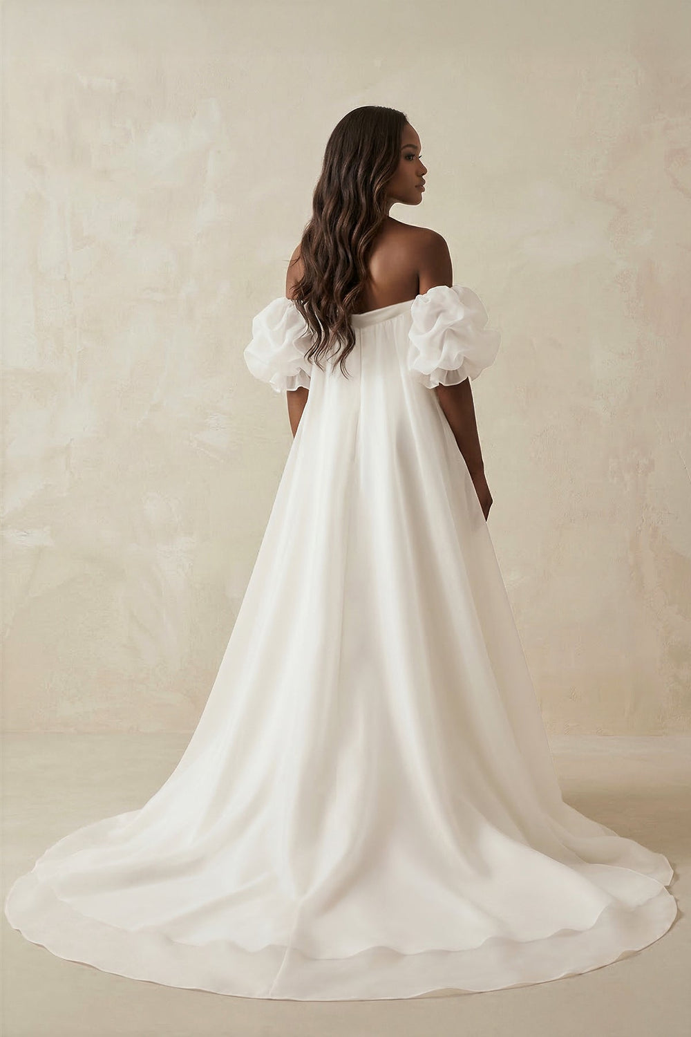 Puff Sleeves Off - the - Shoulder Satin A - Line Wedding Dress in White - KISS BRIDAL Wedding Dresses
