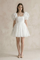 Puff Sleeves Square Neck A - Line Appliqued Tulle Wedding Dress in White - KISS BRIDAL Wedding Dresses
