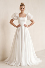 Puff Sleeves Square Neck A - Line Chiffon Wedding Dress in White - KISS BRIDAL Wedding Dresses