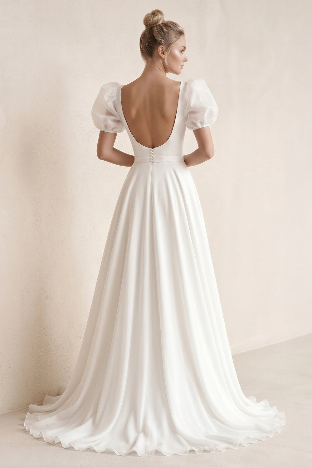 Puff Sleeves Square Neck A - Line Chiffon Wedding Dress in White - KISS BRIDAL Wedding Dresses