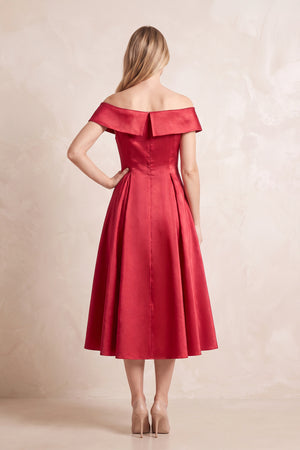 Red Off-the-Shoulder A-Line Satin Midi Mother of the Bride Dress (2) | KISSBRIDAL
