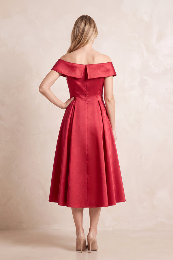 Red Off-the-Shoulder A-Line Satin Midi Mother of the Bride Dress (2) | KISSBRIDAL