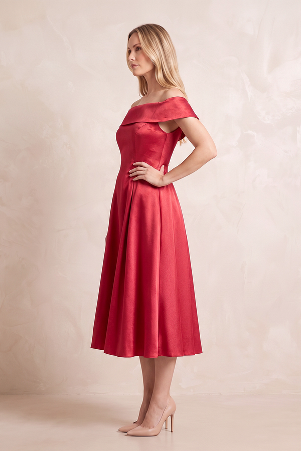 Red Off-the-Shoulder A-Line Satin Midi Mother of the Bride Dress (3) | KISSBRIDAL