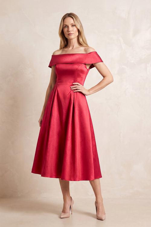 Red Off-the-Shoulder A-Line Satin Midi Mother of the Bride Dress | KISSBRIDAL
