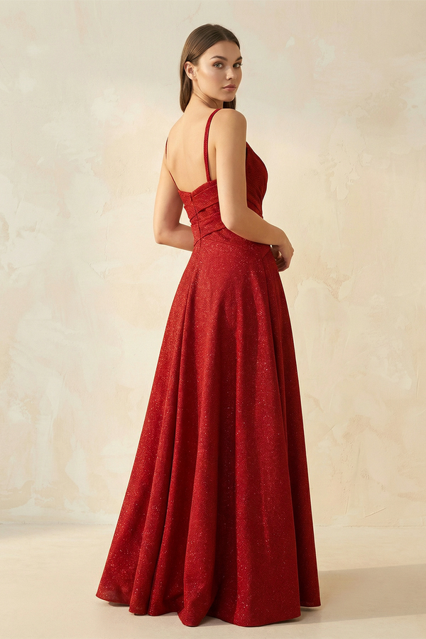 Red Sparkly V-Neck A-Line Pleated Bridesmaid Dress (2) | KISSBRIDAL