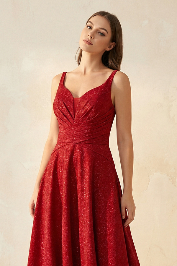 Red Sparkly V-Neck A-Line Pleated Bridesmaid Dress (3) | KISSBRIDAL