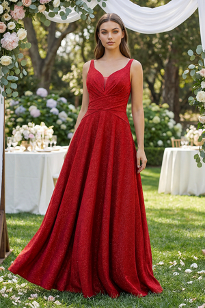Red Sparkly V-Neck A-Line Pleated Bridesmaid Dress (4) | KISSBRIDAL