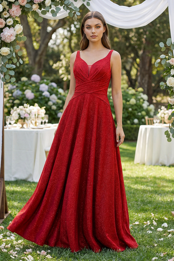 Red Sparkly V-Neck A-Line Pleated Bridesmaid Dress (4) | KISSBRIDAL