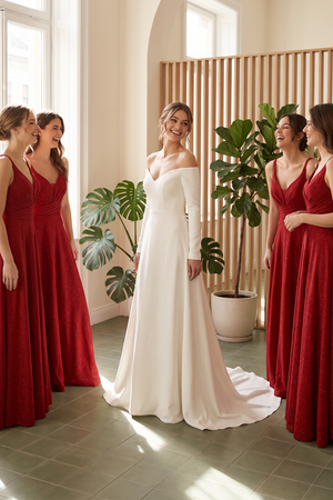 Red Sparkly V-Neck A-Line Pleated Bridesmaid Dress (5) | KISSBRIDAL