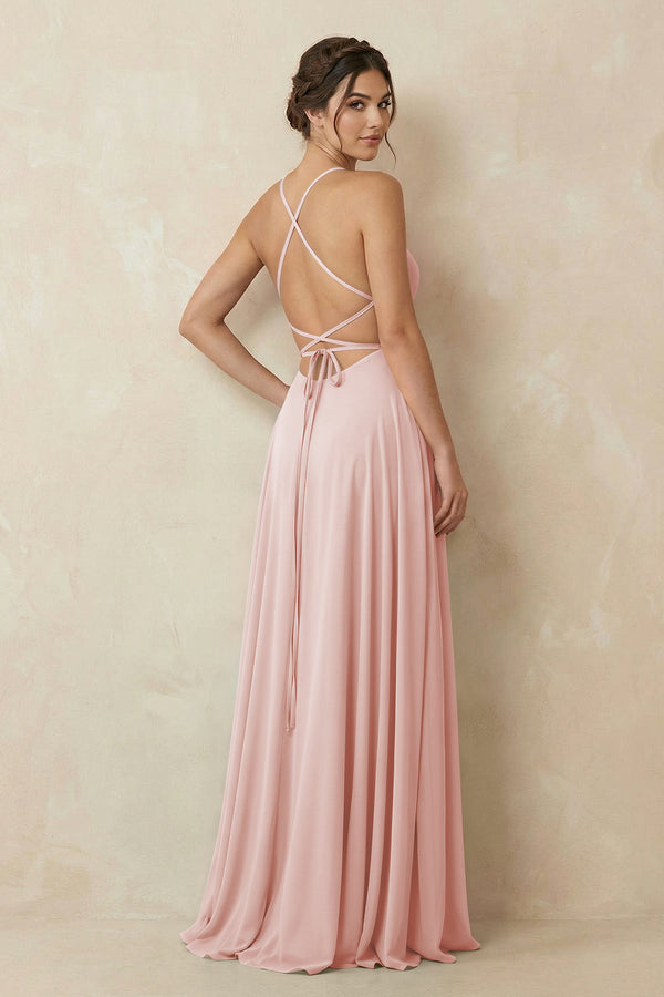 Rose Petal A-Line Chiffon Bridesmaid Dress With Slit (2) | KISSBRIDAL
