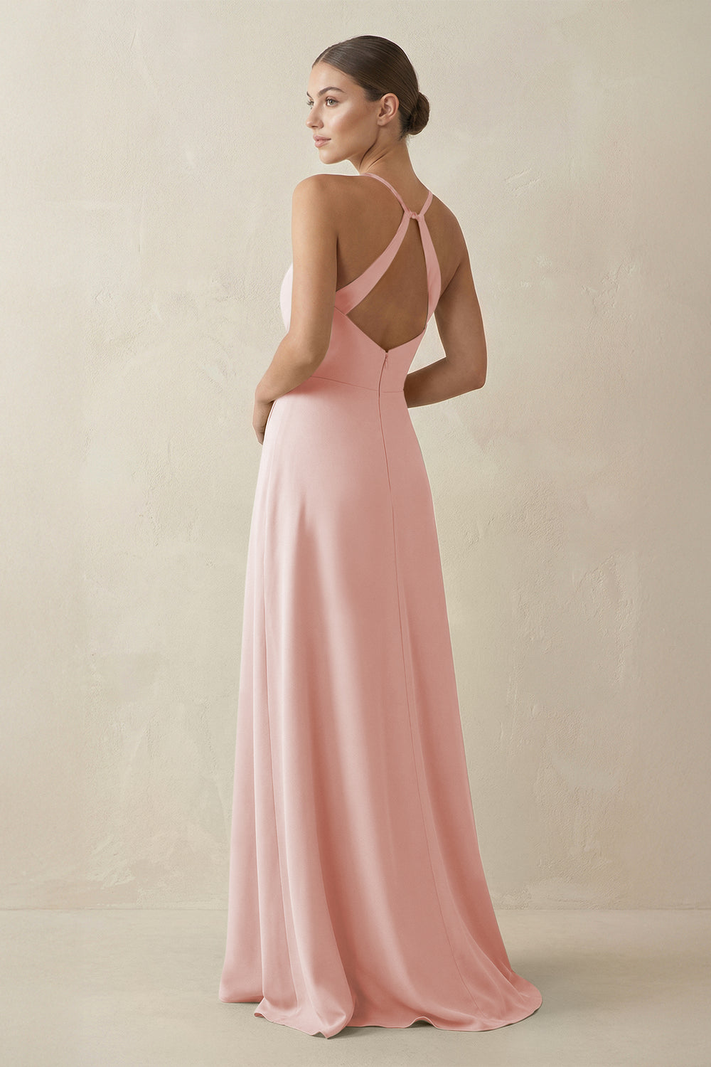 A-Line Chiffon Long Bridesmaid Dress With Slit in Rose Petal