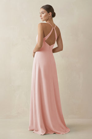 Rose Petal A-Line Chiffon Long Bridesmaid Dress With Slit (2) | KISSBRIDAL