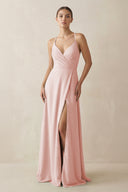 Rose Petal A-Line Chiffon Long Bridesmaid Dress With Slit | KISSBRIDAL