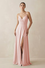 Rose Petal A-Line Chiffon Long Bridesmaid Dress With Slit | KISSBRIDAL