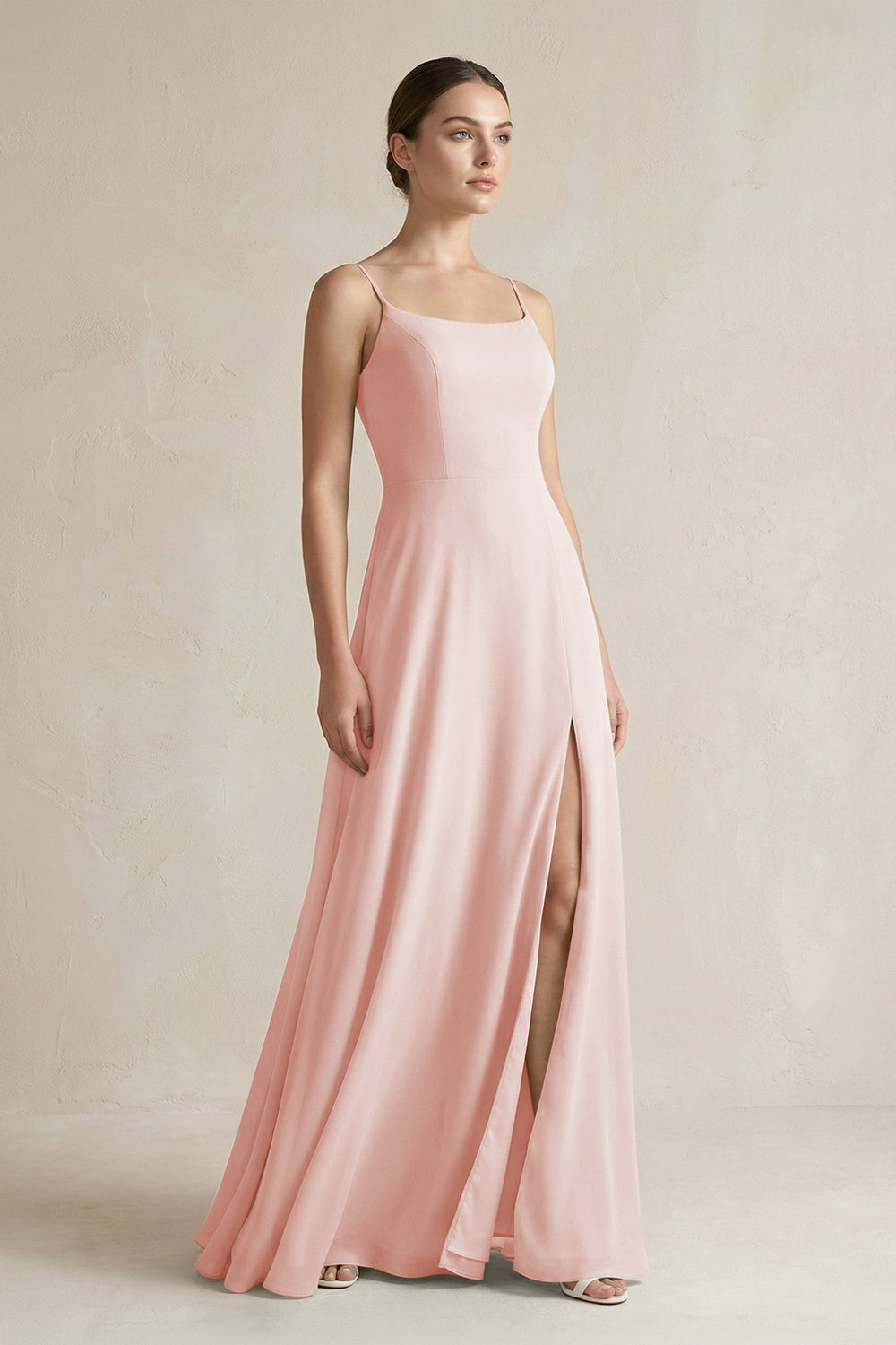 A-Line Chiffon Spaghetti Strap Bridesmaid Dress in Rose Petal